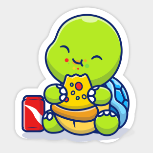 Cute Turtle Eating Pizza With Soda Sticker